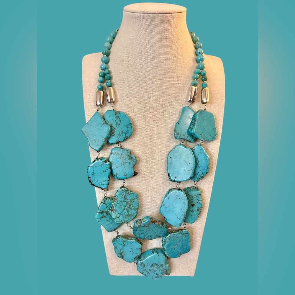 Chunky Turquoise Slab Artisan Statement Necklace Bohemian - Picture 3 of 11
